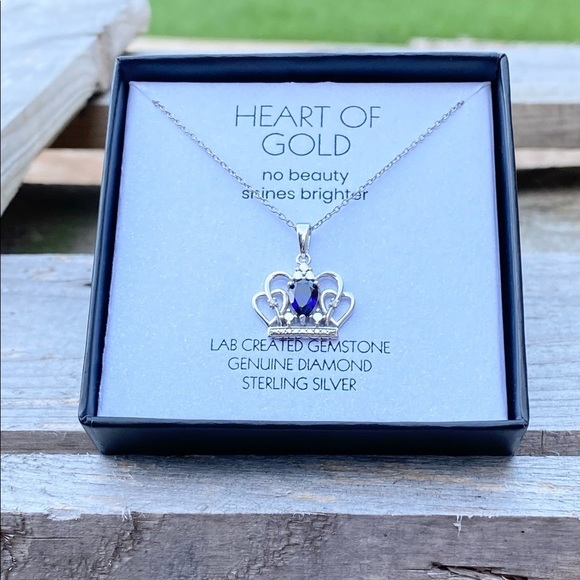NWT NIB STERLING SILVER SAPPHIRE “HEART OF GOLD” CROWN NECKLACE - Picture 1 of 8